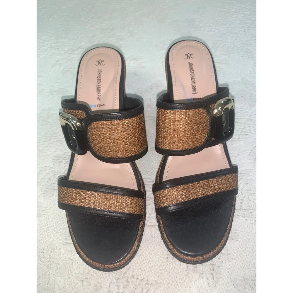 Johnston & Murphy Addison Buckle Platform Wedge Slide Sandals Cognac Raffia 10M